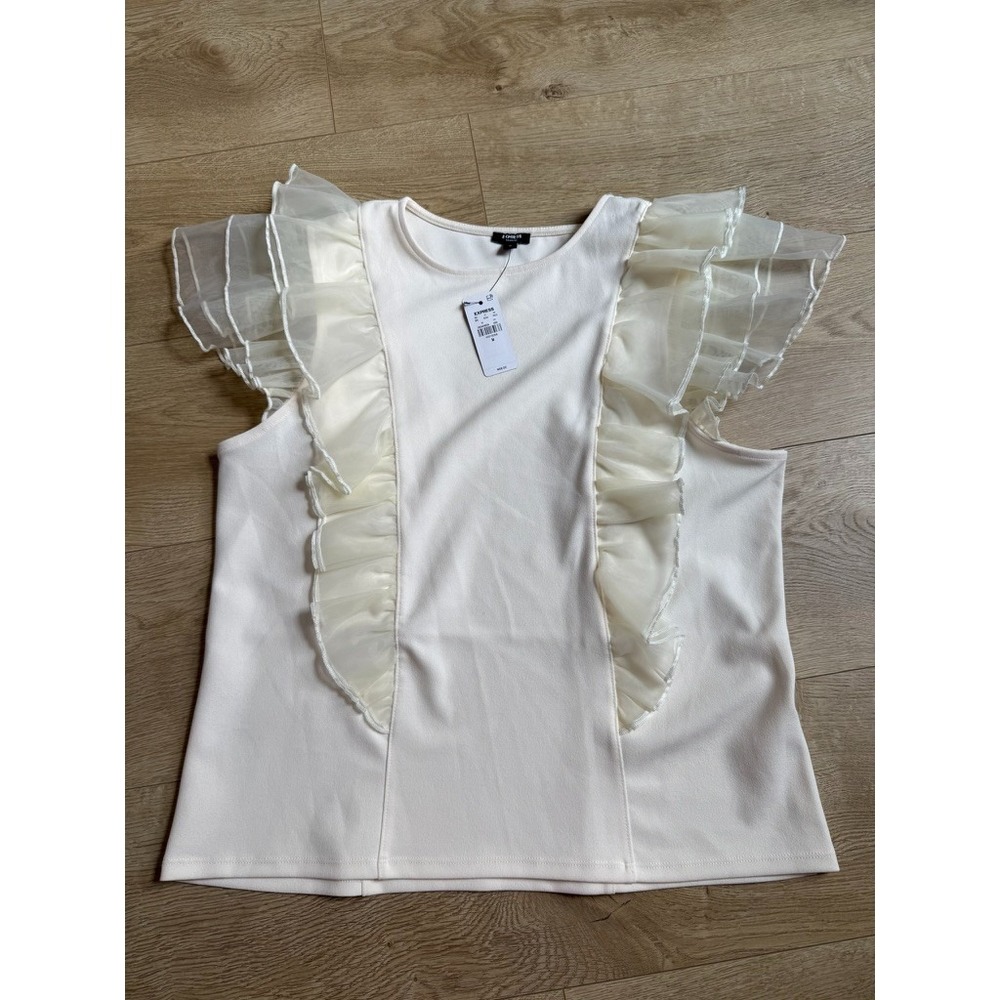 NWT Express Skimming Crew Neck Tulle Flutter Sleeve Tee ivory blouse size M $68